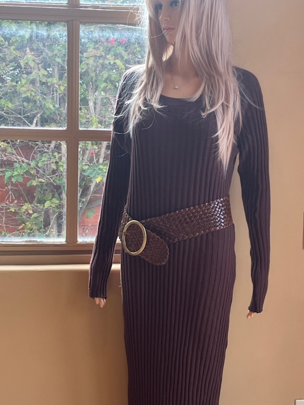 Free People Beach Ribbed Maxi Dress in Dark Brown with Woven Belt
